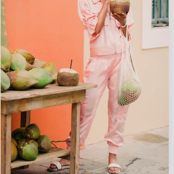 CinqASept Giles Pant Cargo Jogger Cupro PeachyPinkCoralPoppy Crop MidRise - Picture 5 of 9